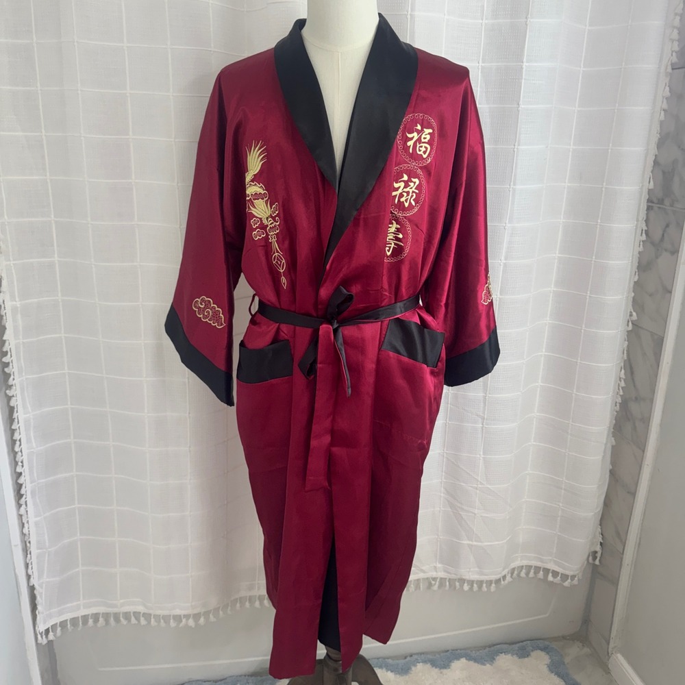 Vintage Reversible Dragon Kimono Robe Mens‎ Burgundy Black Satin Embroidered OS